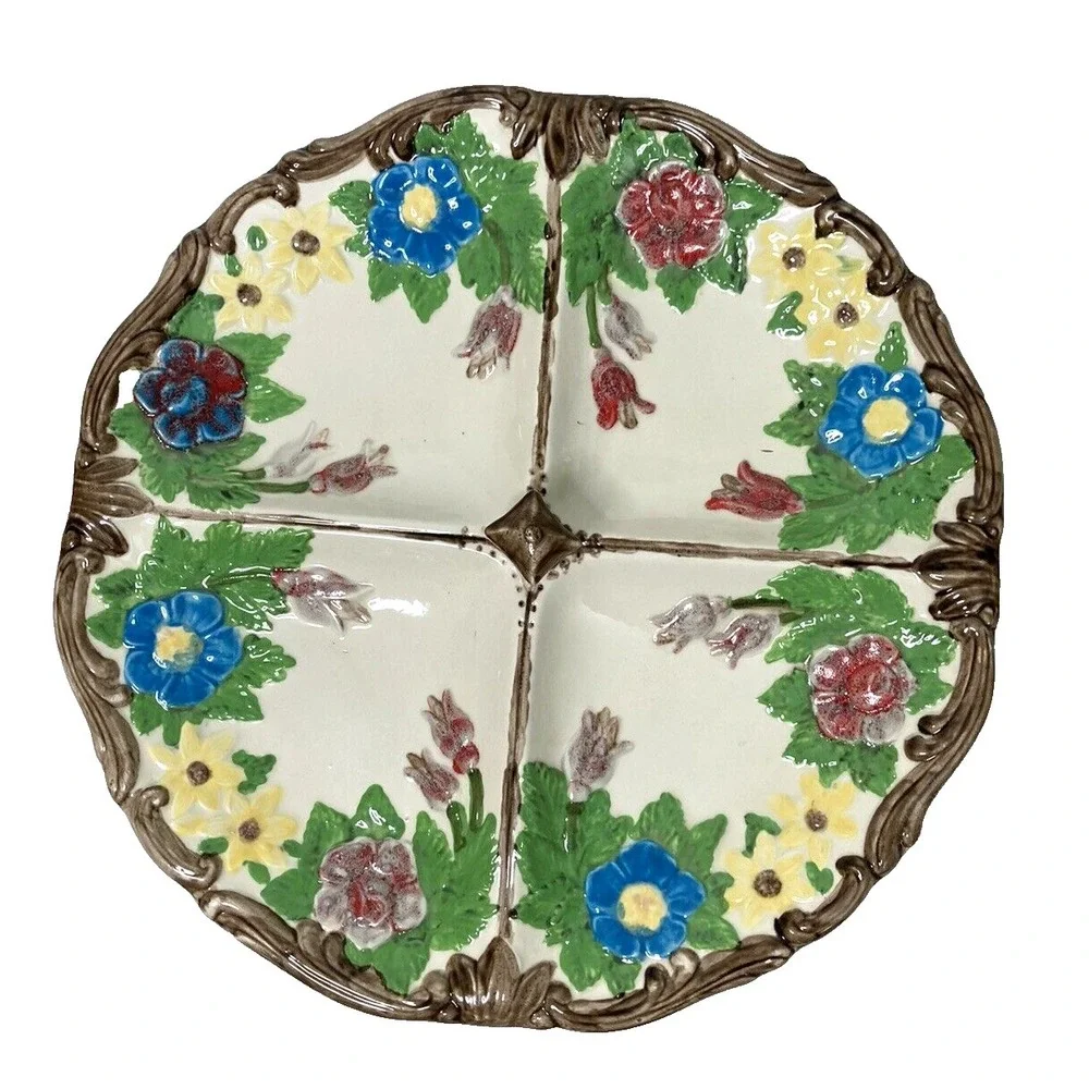 Vtg Ceramic Divided Serving Platter Plate Hand Painted Floral Cottage Country